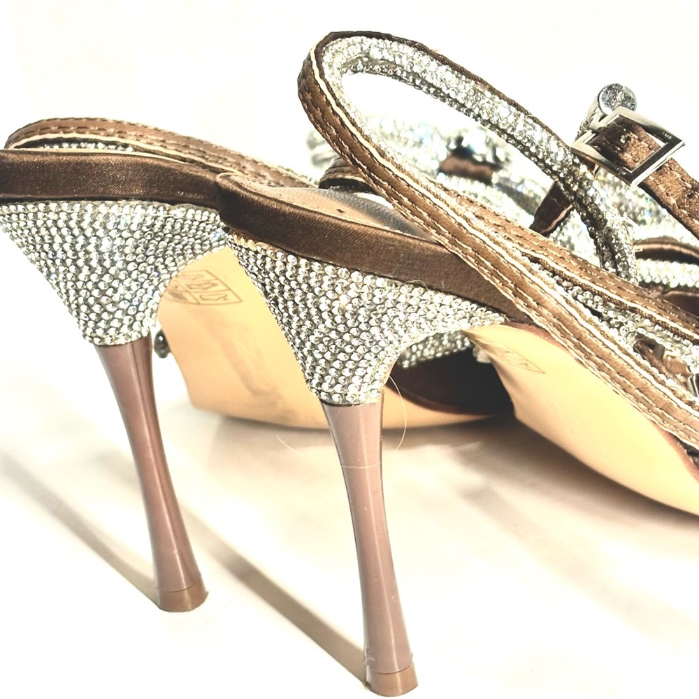 Metallic ankle-wrap Stiletto heels Crystal-embellished Bow detail Chocolate 9W - Picture 7 of 14